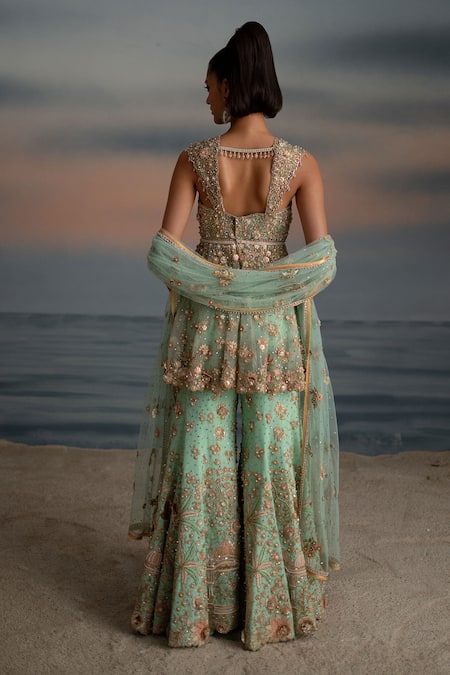 Shop Shashank Arya Green Tulle, Satin Beads, Pearls, Stones Embroidered Peplum Kurta Sharara Set at Aza Fashions Shop_Shashank Arya_Green Tulle, Satin Beads, Pearls, Stones Embroidered Peplum Kurta Sharara Set _at_Aza_Fashions