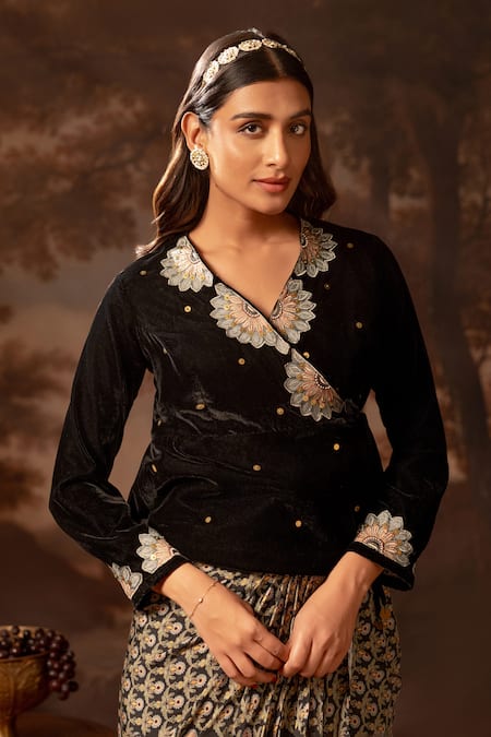 Soup By Sougat Paul_Black Velvet, Muslin Embroidery, Sequins Floral Peplum Top And Draped Skirt _Online_at_Aza_Fashions