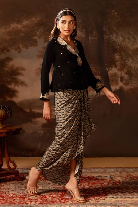 Buy_Soup By Sougat Paul_Black Velvet, Muslin Embroidery, Sequins Floral Peplum Top And Draped Skirt _Online_at_Aza_Fashions
