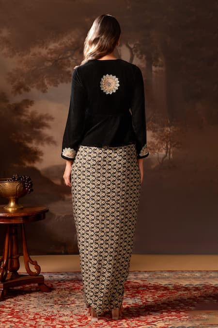 Soup By Sougat Paul Floral Embroidered Peplum Top & Draped Skirt 