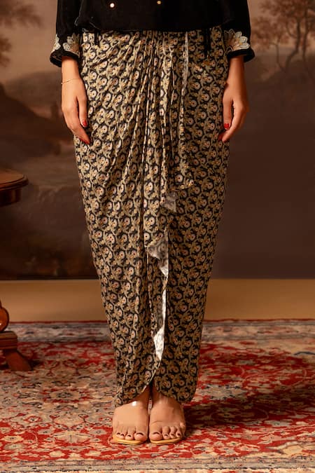 Shop_Soup By Sougat Paul_Black Velvet, Muslin Embroidery, Sequins Floral Peplum Top And Draped Skirt _Online_at_Aza_Fashions