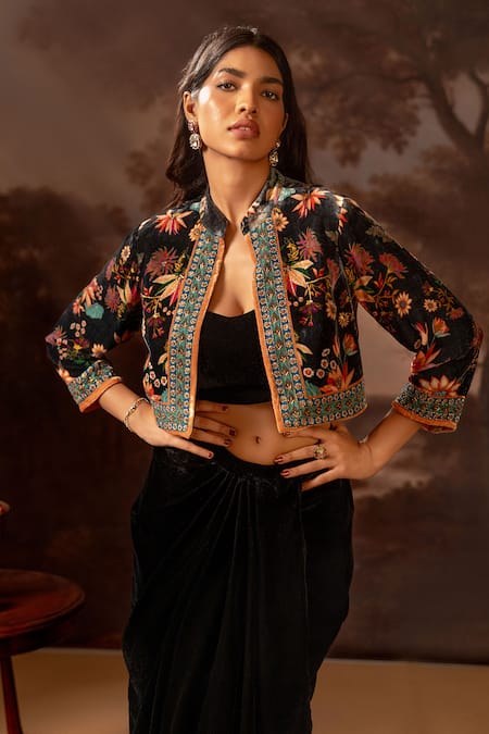 Soup By Sougat Paul_Black Velvet Cut Work, Embroidery Mandarin Collar, Floral Jacket And Dhoti Skirt _Online_at_Aza_Fashions