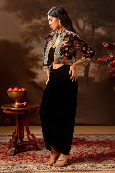 Buy_Soup By Sougat Paul_Black Velvet Cut Work, Embroidery Mandarin Collar, Floral Jacket And Dhoti Skirt _Online_at_Aza_Fashions