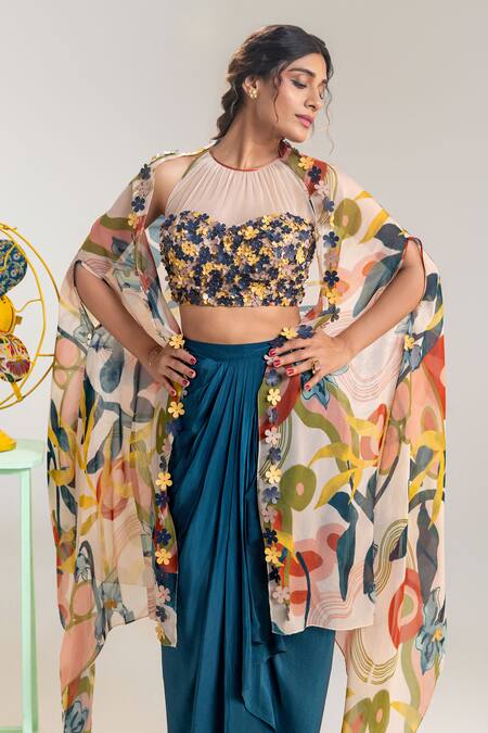 Soup By Sougat Paul_Multi Color Organza, Net, Crepe Embroidery Round Floral Cape Draped Skirt Set _Online_at_Aza_Fashions