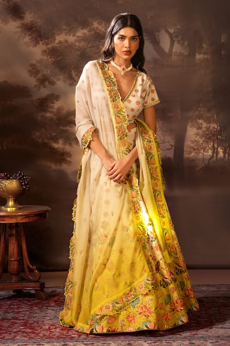 Buy Soup By Sougat Paul White Silk, Organza Embroidery, Sequins V-neck Floral Print Lehenga Set Online at Aza Fashions Buy_Soup By Sougat Paul_White Silk, Organza Embroidery, Sequins V-neck Floral Print Lehenga Set _Online_at_Aza_Fashions