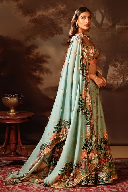 Soup By Sougat Paul_Blue Organza, Silk Embroidery, Beads Sweetheart Floral Applique Lehenga Set _Online_at_Aza_Fashions