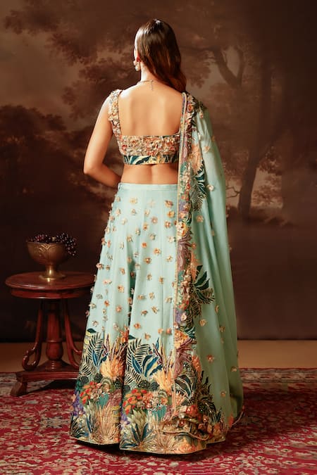 Shop_Soup By Sougat Paul_Blue Organza, Silk Embroidery, Beads Sweetheart Floral Applique Lehenga Set _at_Aza_Fashions