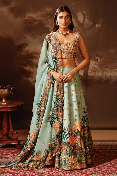 Soup by Sougat Paul Floral Applique Blue Lehenga Set 