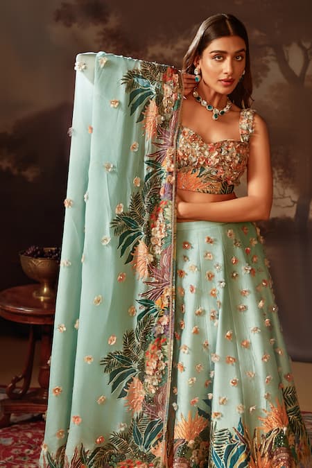 Buy_Soup By Sougat Paul_Blue Organza, Silk Embroidery, Beads Sweetheart Floral Applique Lehenga Set _Online_at_Aza_Fashions