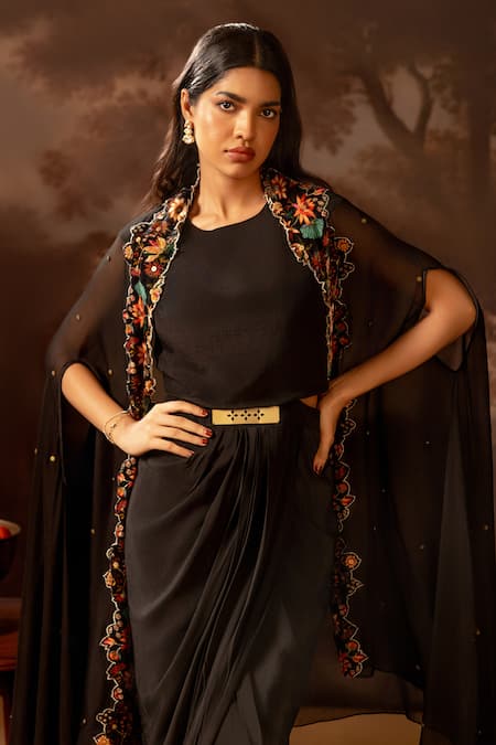 Soup By Sougat Paul_Black Organza, Velvet, Crepe Embroidery Round Neck Draped Dress With Cape _Online_at_Aza_Fashions