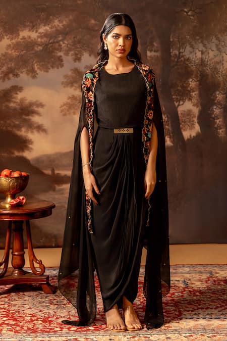 Soup by Sougat Paul Black Draped Dress With Embroidered Cape 