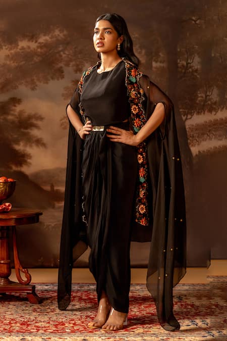 Buy_Soup By Sougat Paul_Black Organza, Velvet, Crepe Embroidery Round Neck Draped Dress With Cape _Online_at_Aza_Fashions