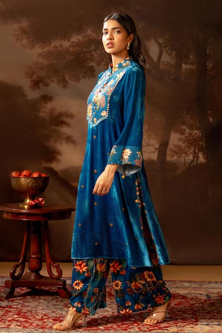 Soup By Sougat Paul_Blue Velvet, Silk Beads Mandarin Collar Embroidered Kurta And Pant Set _Online_at_Aza_Fashions