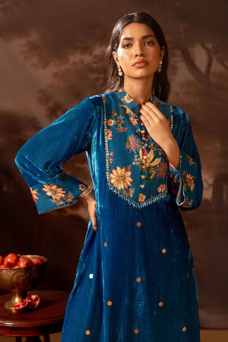 Buy_Soup By Sougat Paul_Blue Velvet, Silk Beads Mandarin Collar Embroidered Kurta And Pant Set _Online_at_Aza_Fashions