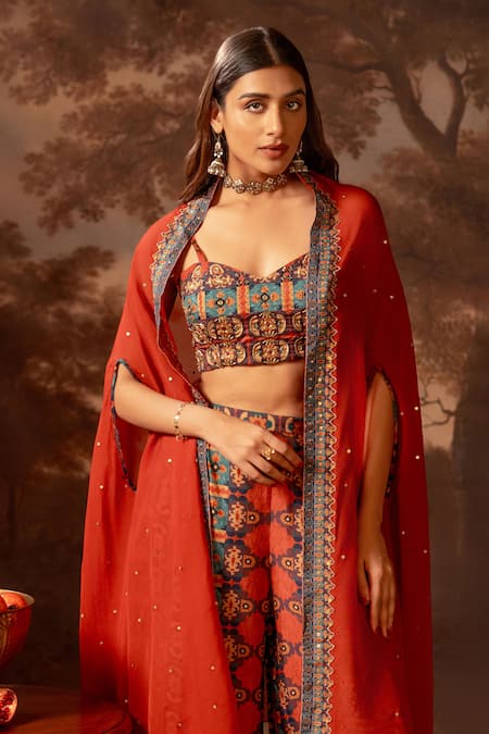 Soup By Sougat Paul_Red Organza, Silk Sequins, Embroidery Sweetheart Neck Cape And Bustier Pant Set _Online_at_Aza_Fashions