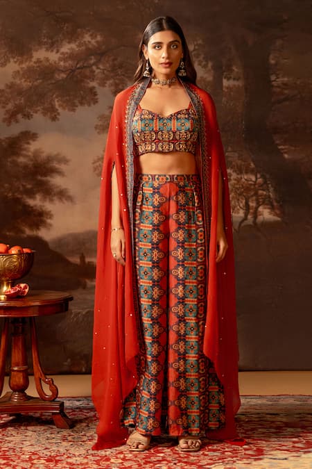 Soup by Sougat Paul Red Embroidered Cape & Bustier Pant Set 