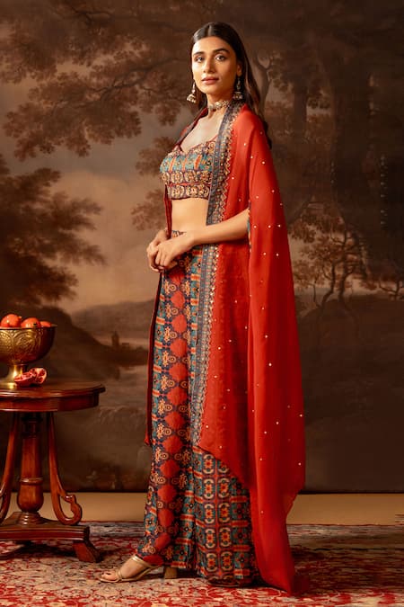 Buy_Soup By Sougat Paul_Red Organza, Silk Sequins, Embroidery Sweetheart Neck Cape And Bustier Pant Set _Online_at_Aza_Fashions