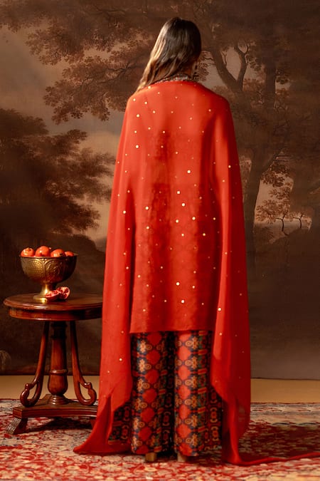 Shop_Soup By Sougat Paul_Red Organza, Silk Sequins, Embroidery Sweetheart Neck Cape And Bustier Pant Set _at_Aza_Fashions