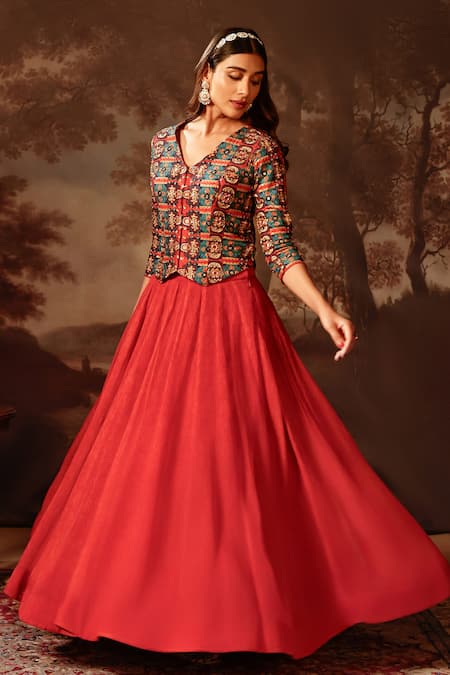 Soup by Sougat Paul Red Organza Flared Lehenga & Jacket Top 