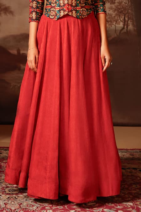 Soup By Sougat Paul_Red Organza, Silk Beads V-neck Flared Lehenga And Jacket Top _Online_at_Aza_Fashions