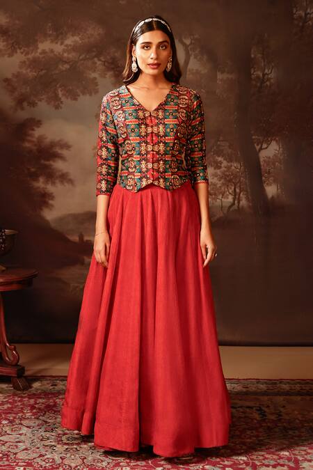 Buy_Soup By Sougat Paul_Red Organza, Silk Beads V-neck Flared Lehenga And Jacket Top _Online_at_Aza_Fashions