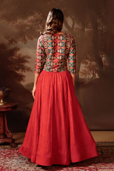 Shop_Soup By Sougat Paul_Red Organza, Silk Beads V-neck Flared Lehenga And Jacket Top _at_Aza_Fashions