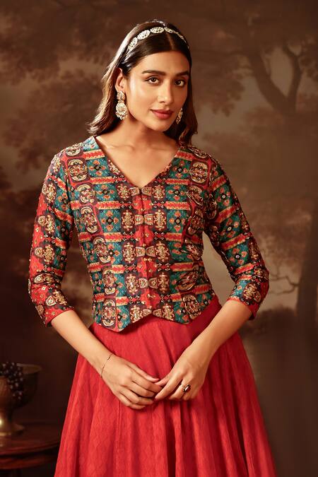 Shop_Soup By Sougat Paul_Red Organza, Silk Beads V-neck Flared Lehenga And Jacket Top _Online_at_Aza_Fashions