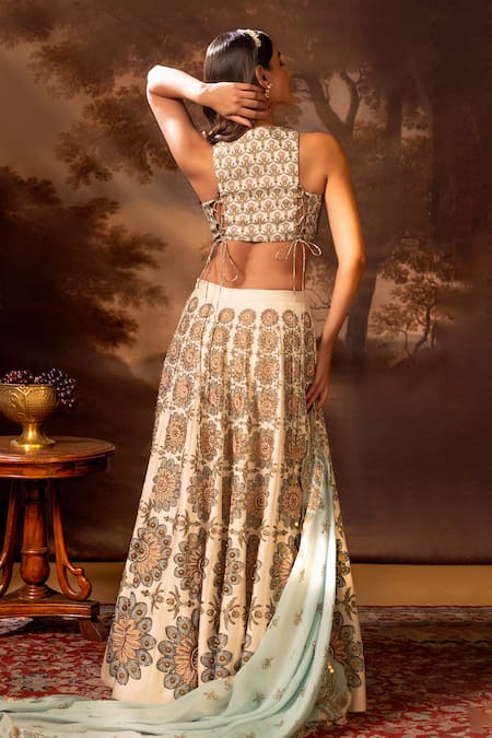 Shop_Soup By Sougat Paul_Beige Organza, Silk Beads Round Neck Floral Geometric Embroidered Lehenga Set _at_Aza_Fashions