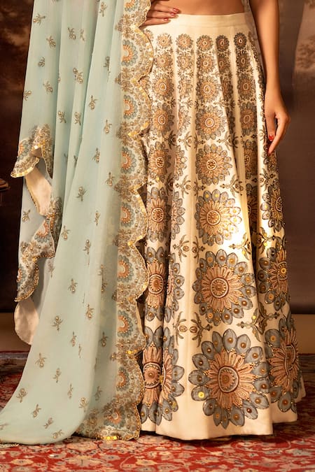 Soup By Sougat Paul_Beige Organza, Silk Beads Round Neck Floral Geometric Embroidered Lehenga Set _Online_at_Aza_Fashions