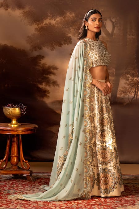 Buy_Soup By Sougat Paul_Beige Organza, Silk Beads Round Neck Floral Geometric Embroidered Lehenga Set _Online_at_Aza_Fashions