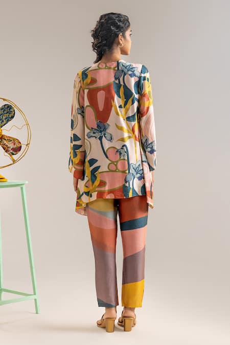 Shop_Soup By Sougat Paul_Beige Chanderi Embroidery, Applique Split V-neck Floral Print Top And Pant Set _at_Aza_Fashions