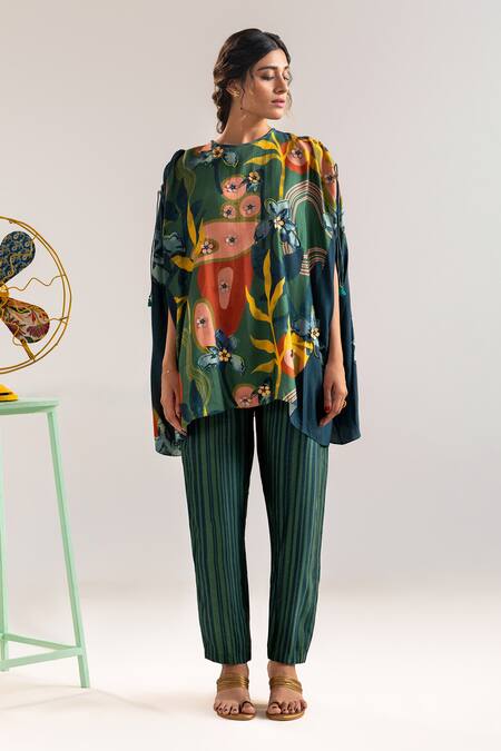 Soup By Sougat Paul_Green Chanderi Beads, Embroidery, Abstract Floral Embellished Top And Pant Set _Online_at_Aza_Fashions