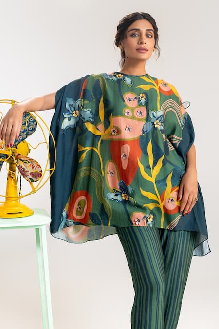 Buy_Soup By Sougat Paul_Green Chanderi Beads, Embroidery, Abstract Floral Embellished Top And Pant Set _Online_at_Aza_Fashions