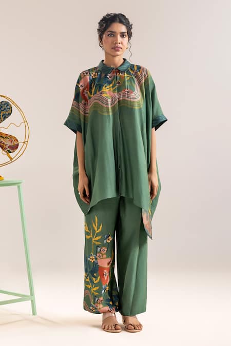 Soup By Sougat Paul_Green Chanderi Beads, Applique Collared Embellished Shirt And Pant Set _Online_at_Aza_Fashions