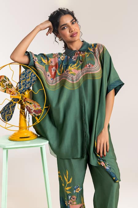 Buy_Soup By Sougat Paul_Green Chanderi Beads, Applique Collared Embellished Shirt And Pant Set _Online_at_Aza_Fashions