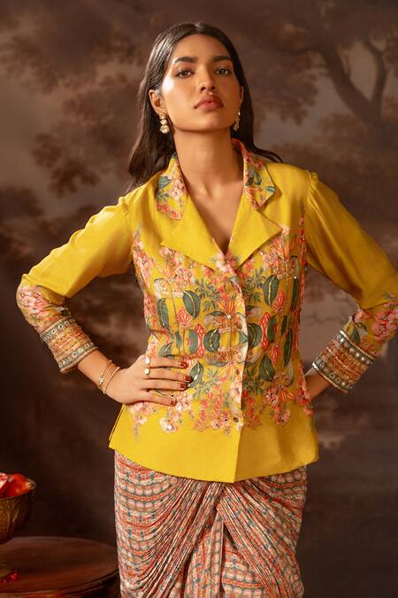 Soup By Sougat Paul_Yellow Crepe, Silk Sequins, Floral Print Pre-draped Saree And Jacket Set _Online_at_Aza_Fashions