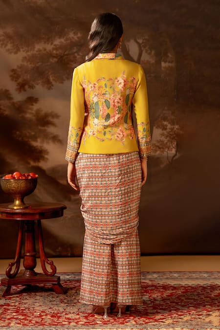 Shop_Soup By Sougat Paul_Yellow Crepe, Silk Sequins, Floral Print Pre-draped Saree And Jacket Set _at_Aza_Fashions