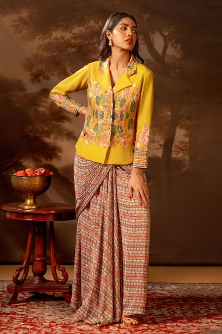 Soup by Sougat Paul Floral Print Pre-Draped Saree & Jacket Set 