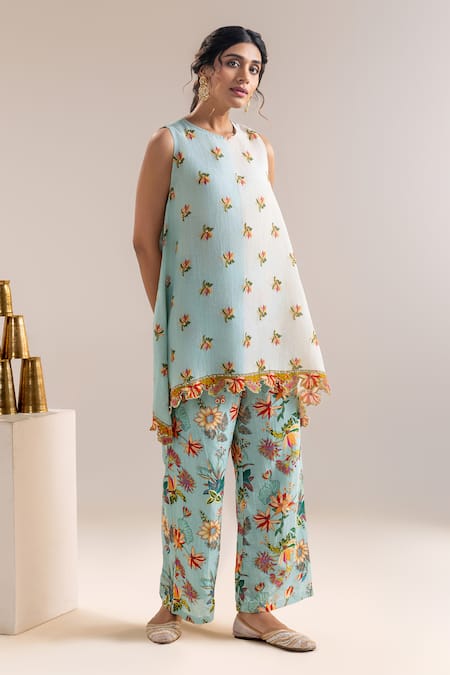 Soup By Sougat Paul_Blue Georgette, Linen Embroidery Round Neck Lotus Print Kurta And Pant Set _Online_at_Aza_Fashions