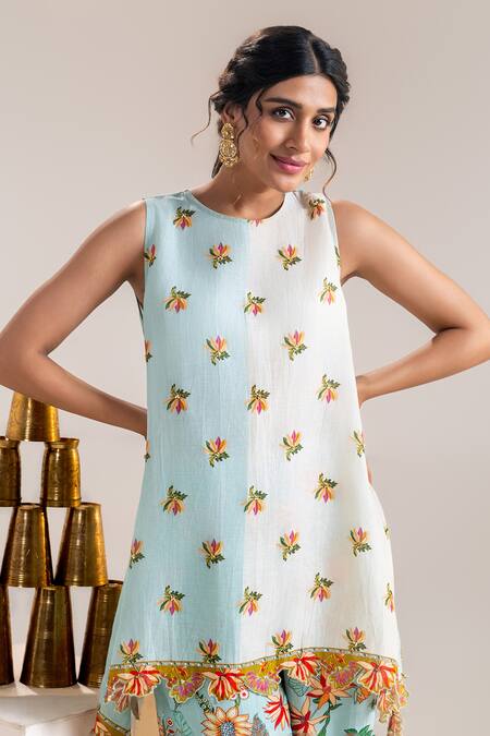 Buy_Soup By Sougat Paul_Blue Georgette, Linen Embroidery Round Neck Lotus Print Kurta And Pant Set _Online_at_Aza_Fashions