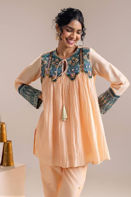 Soup By Sougat Paul_Pink Chanderi Sequins, Beads Keyhole Neck Gathered Tunic And Pant Set _Online_at_Aza_Fashions