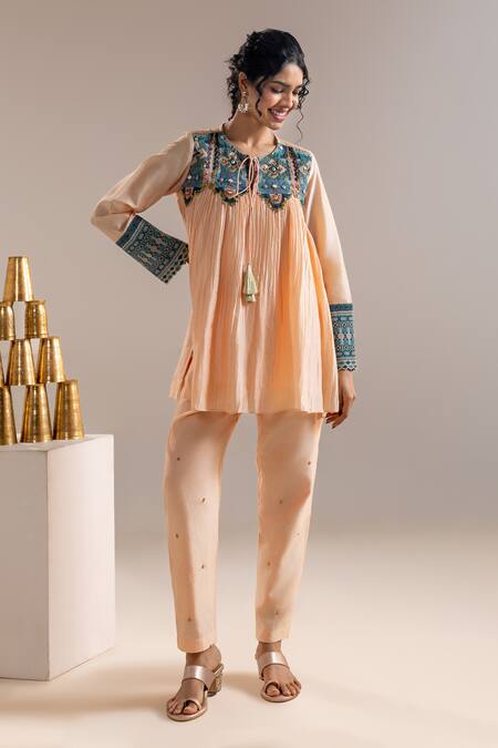 Buy_Soup By Sougat Paul_Pink Chanderi Sequins, Beads Keyhole Neck Gathered Tunic And Pant Set _Online_at_Aza_Fashions