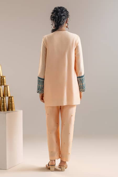 Shop_Soup By Sougat Paul_Pink Chanderi Sequins, Beads Keyhole Neck Gathered Tunic And Pant Set _at_Aza_Fashions