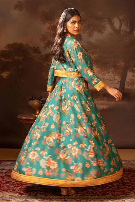 Soup By Sougat Paul_Green Silk Sequins, Beads, Embroidery Collared, Floral Print Jacket Lehenga Set _Online_at_Aza_Fashions