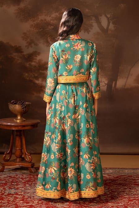 Shop_Soup By Sougat Paul_Green Silk Sequins, Beads, Embroidery Collared, Floral Print Jacket Lehenga Set _at_Aza_Fashions