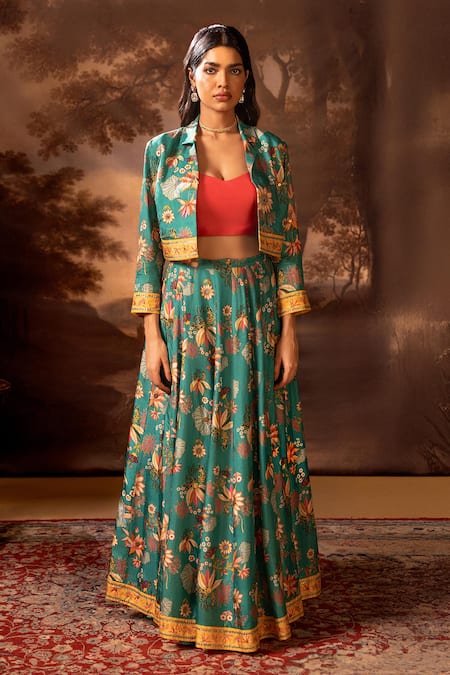 Buy_Soup By Sougat Paul_Green Silk Sequins, Beads, Embroidery Collared, Floral Print Jacket Lehenga Set _Online_at_Aza_Fashions