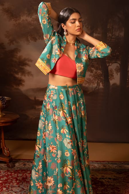 Shop_Soup By Sougat Paul_Green Silk Sequins, Beads, Embroidery Collared, Floral Print Jacket Lehenga Set _Online_at_Aza_Fashions