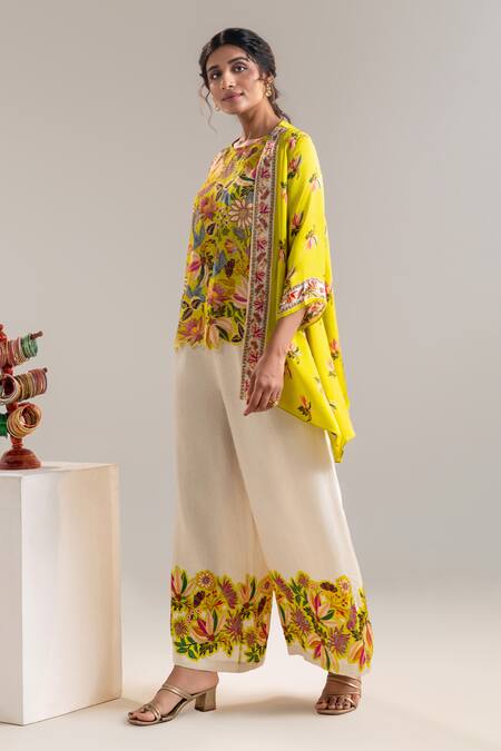 Soup By Sougat Paul_Yellow Satin, Organza, Linen Beads, Sequins, Floral Print Jacket And Pant Set _Online_at_Aza_Fashions