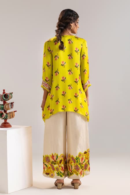Shop_Soup By Sougat Paul_Yellow Satin, Organza, Linen Beads, Sequins, Floral Print Jacket And Pant Set _at_Aza_Fashions