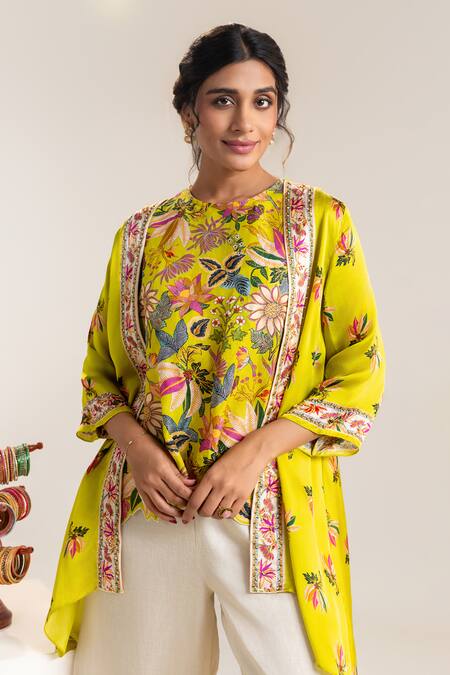 Buy_Soup By Sougat Paul_Yellow Satin, Organza, Linen Beads, Sequins, Floral Print Jacket And Pant Set _Online_at_Aza_Fashions